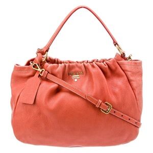 PRADA Cervo Pleat Bag Hobo Orange Deerskin Women’s Crossbody Designer Purse